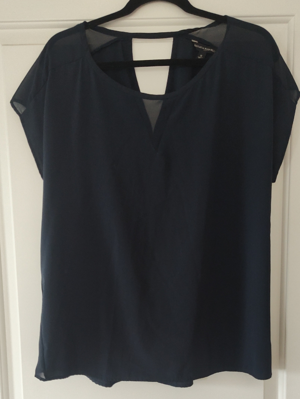 Banana Republic Navy V-Notch Chiffon Cap-Sleeve Blouse